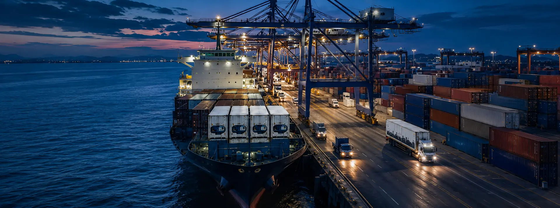 A container terminal working cargo at a destination port.