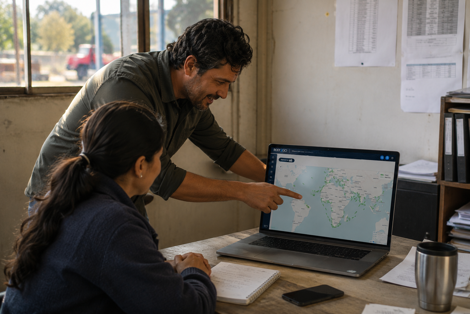 Two colleagues reviewing a live Root2Go vessel-tracking map on a laptop in a packhouse office.