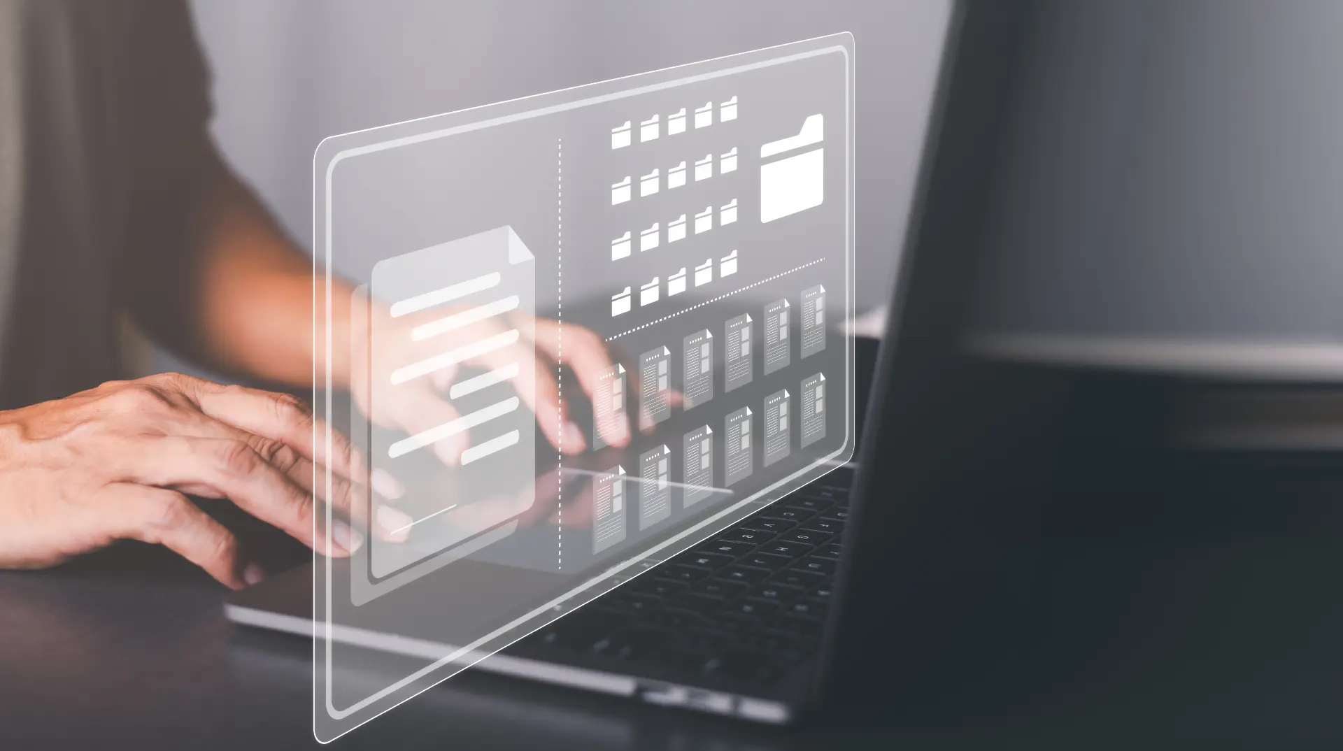 Hands typing on a laptop with a translucent document-management interface overlaid.