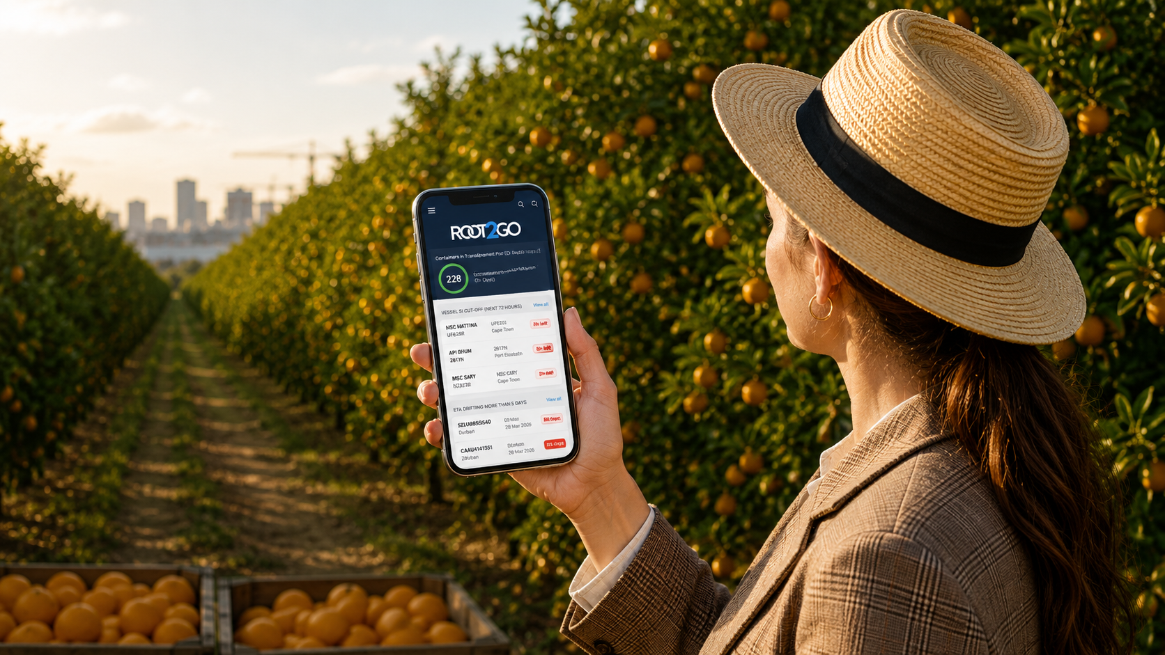 A grower in a sunlit citrus orchard checking Root2Go container status on a mobile phone.
