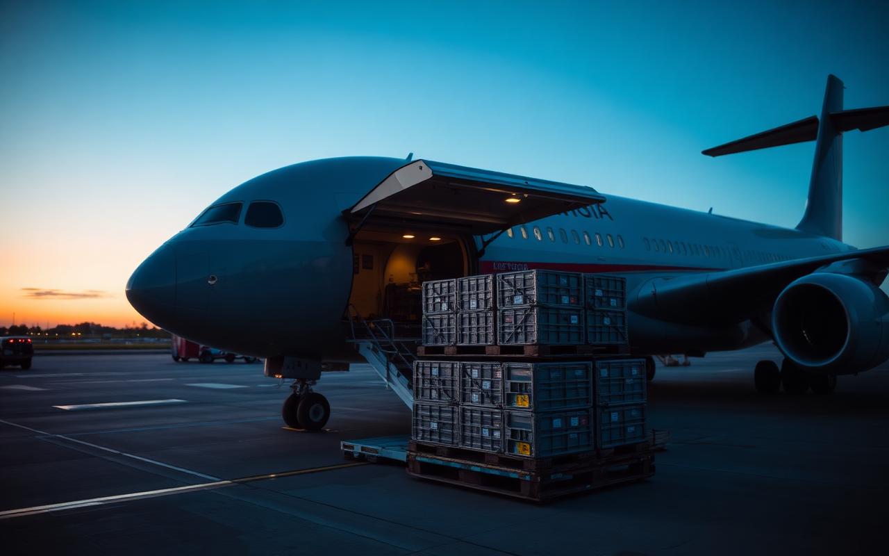 Pallets of perishable cargo being loaded into a freighter aircraft at dusk.